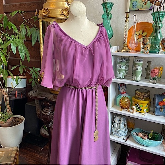 1970s Grecian Lavender Flutter Maxi Dress - Picture 2 of 6